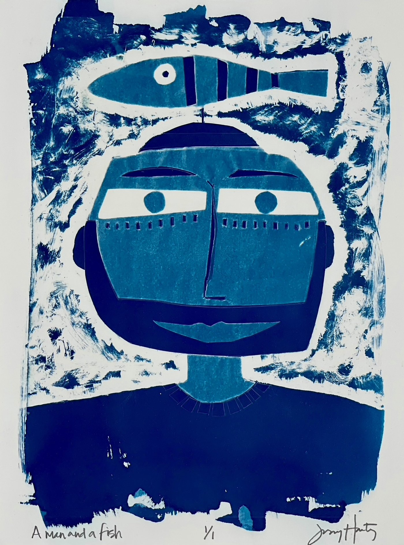 Cyanotype Man And Fish Print