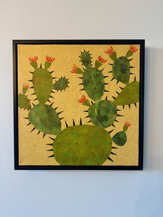 Mixed-media collage of prickly pear cactus paddles